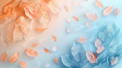 split background using pastel hues of peach and powder blue, punctuated by delicate leaf-shaped light elements.