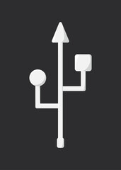 USB white icon on a dark backdrop. Simple symbol. Vector texture. Isolated element. Connection. Technology.