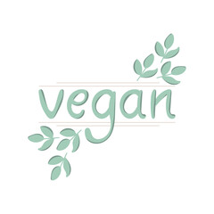 Vegan with green leaves. Word. Inscription. Organic. Healthy. Isolated element on a white. Vector.