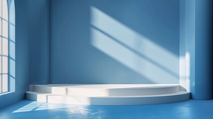 3D abstract studio room with pedestal podium. White and pastel blue geometric platform with circle overlap backdrop. Modern minimal scene for demonstration of cosmetic products. Showcase, Display case