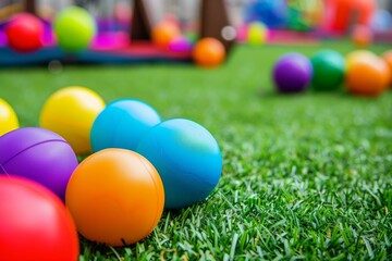 closeup of artificial turf with colorful playground balls