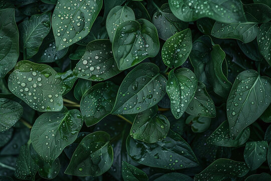 After the Rain, Vibrant Green Leaves Adorned with Fresh Water Droplets