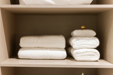 Fototapeta na wymiar Shelf filled with clean towels in a modern bathroom.