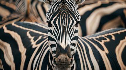 A close-up image capturing a zebra amidst its herd, emphasizing the intricate black and white stripes characteristic of these animals. - obrazy, fototapety, plakaty