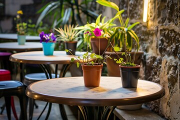 small tables with individual flowerpots and nature light