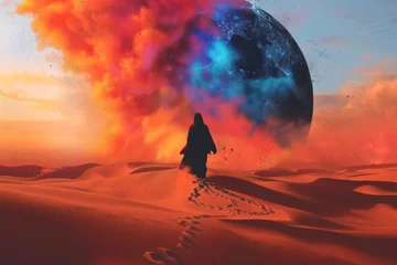 Foto op Plexiglas An epic sci-fi scene depicting a robed figure traversing the sweeping dunes of a desert-like planet, with a colossal moon looming in the fiery sky, evoking a sense of mystery  interstellar adventure. © mshynkarchuk