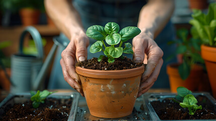 Person with green thumb plants basil in earthen pot, Generative AI