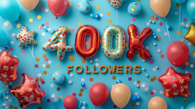 400K FOLLOWERS text with balloons and confetti background