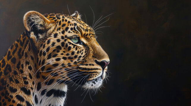 A captivating portrait showcasing the majestic beauty of a leopard, highlighting its distinctive markings and intense gaze.

