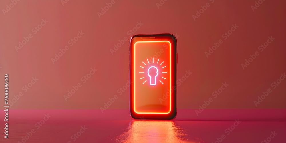 Poster smartphone app character unlocking digital potential with glowing light bulb icon in minimal studio 
