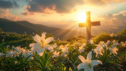Holy cross the symbol of death and resurrection of Jesus Christ with dramatic sunset over flower...
