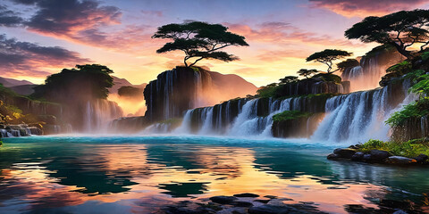 Waterfall reflecting the colors of the sunset in its shimmering waters