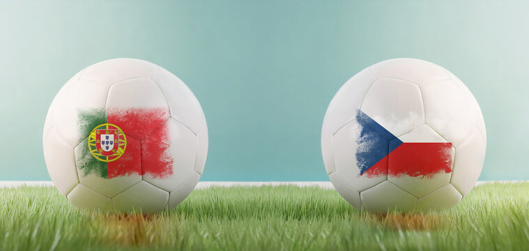 Portugal vs Czechia football match infographic template for Euro 2024 matchday scoreline announcement. Two soccer balls with country flags placed against each other on the green grass with copy space