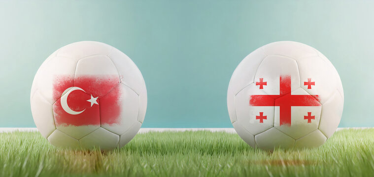 Türkiye vs Georgia football match infographic template for Euro 2024 matchday scoreline announcement. Two soccer balls with country flags placed against each other on the green grass with copy space