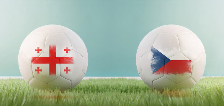 Georgia vs Czechia football match infographic template for Euro 2024 matchday scoreline announcement. Two soccer balls with country flags placed against each other on the green grass with copy space