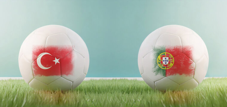 Türkiye vs Portugal football match infographic template for Euro 2024 matchday scoreline announcement. Two soccer balls with country flags placed against each other on the green grass with copy space