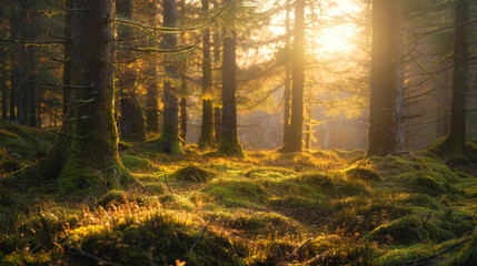An enchanting forest bathed in golden sunlight with mossy trees and glimmering forest floor at dusk