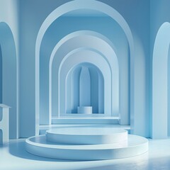 3D abstract studio room with pedestal podium. White and pastel blue geometric platform with circle overlap backdrop. Modern minimal scene for demonstration of cosmetic products. Showcase, Display case