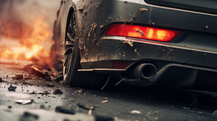 Car that had an accident and was on fire. AI Generative. - obrazy, fototapety, plakaty