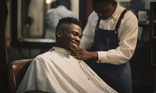 A man at a hairdresser or barber male hair cutting salon