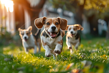 Running beagle dogs run on the green grass in summer