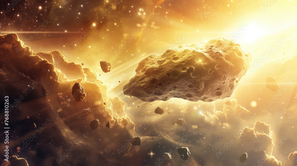 Poster celestial scene with prominent asteroid illuminated by suns rays against background of smaller aster
