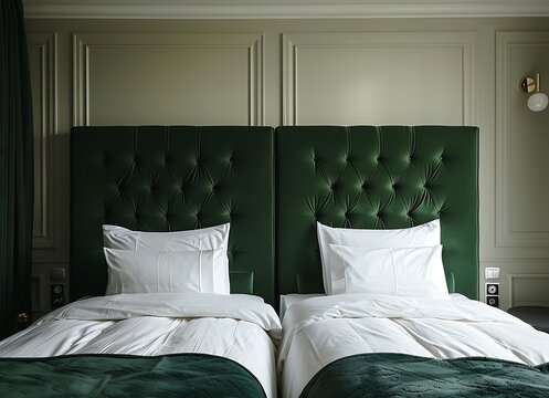 A grid of two beds in the hotel room with green velvet headboards and white bed linen, balcony view stock photo contest winner, 2058, luxury modern interior design