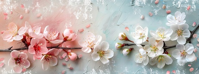 Infuse a touch of nature into the split background with delicate cherry blossom branches in soft pastel shades of pink, white, and pale green. - obrazy, fototapety, plakaty