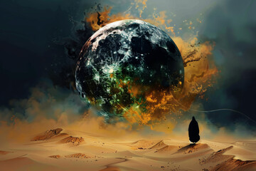 An epic sci-fi scene depicting a robed figure traversing the sweeping dunes of a desert-like planet, with a colossal moon looming in the fiery sky, evoking a sense of mystery  interstellar adventure. - obrazy, fototapety, plakaty