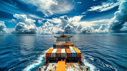 A large cargo ship carrying containers sails across the vast ocean