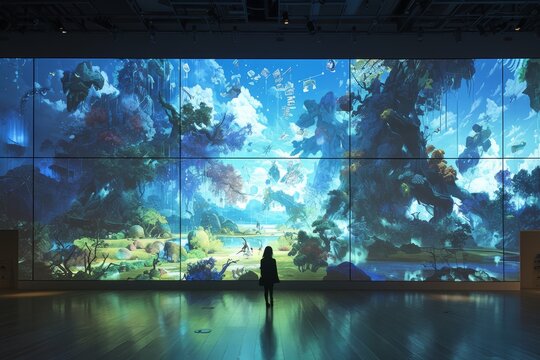 A large wall of digital screens displayed vibrant and colorful images, creating an immersive experience in the gallery space. 