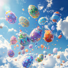 Beautiful Easter eggs floating in the sky, cute Easter eggs like candy floating in the sky with sunlight