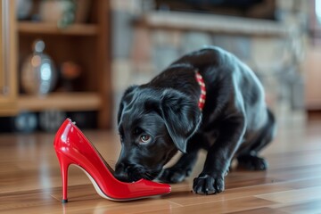black labrador chewing a red high heel indoors