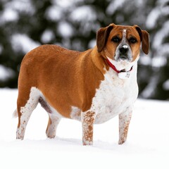Close-up of a beagle standing in snow in winter