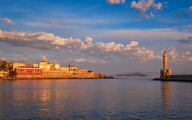 Panorama of picturesque old port of Chania is one of landmarks and tourist destinations of Crete island in the morning on sunrise. Chania, Crete, Greece - 768811229