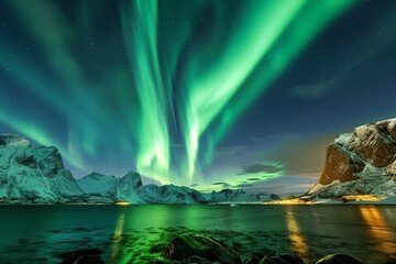 Fototapeta na wymiar Beautiful northern lights over the lake, aurora Borealis light up the sky with green colors above snowy mountains at night