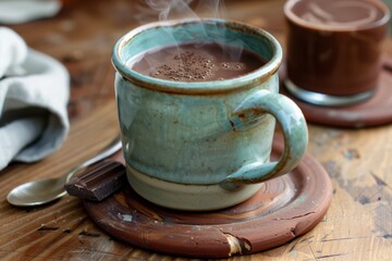 Obraz na płótnie Canvas handcrafted pottery coaster with a steaming mug of hot chocolate