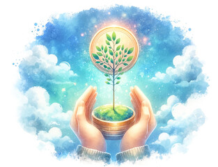 Hands Nurturing Tree Growth on Coins,Business Growth Concept - 768811413