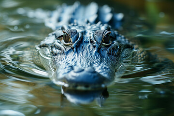 Fototapeta premium A large alligator with powerful jaws rests partially submerged in the swampy water.