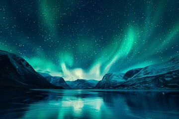 Green aurora borealis at the night sky with stars - obrazy, fototapety, plakaty