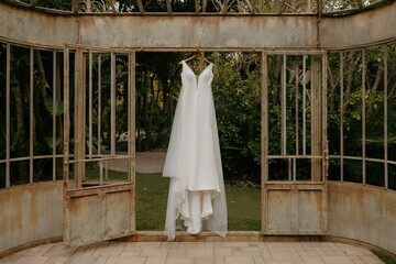 White dress hangs from an iron gate in a picturesque outdoor garden setting.