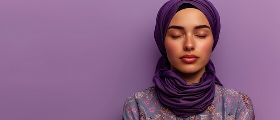  A Muslim woman meditates peacefully, eyes closed, against a calming lavender background. Copy space.