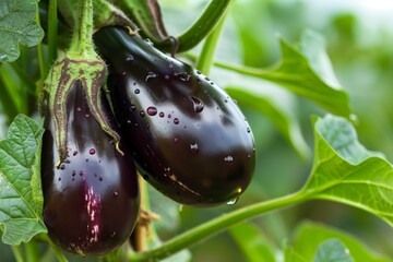closeup of eggplant on plant with dew drops