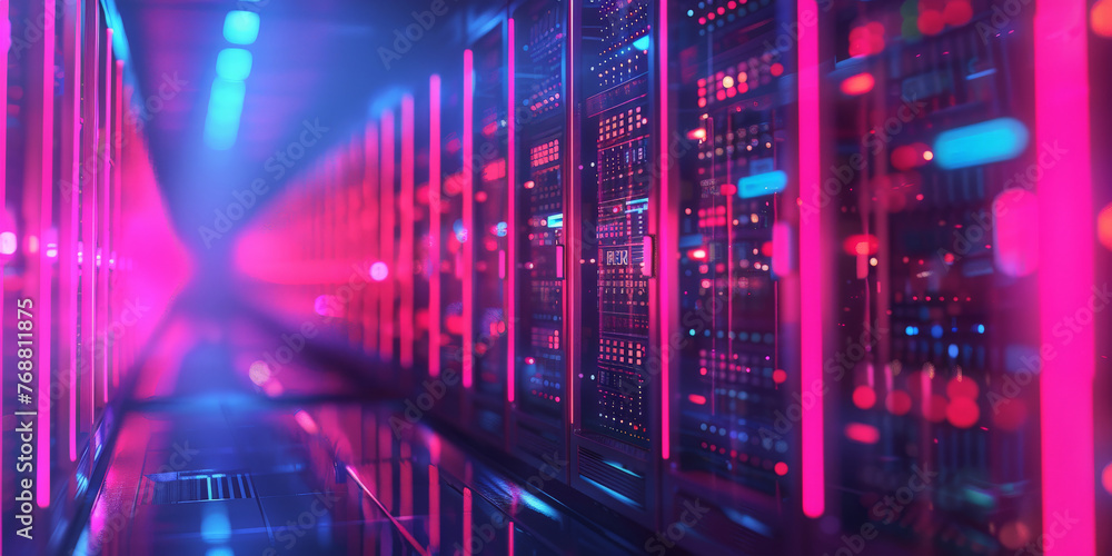 Poster a data center with rows of virtual machines, computer networking server room in office