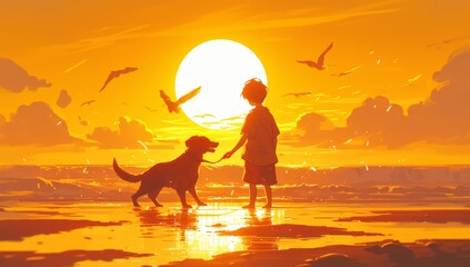 A boy playing with his dog on the beach, with a yellow sun in the background. Birds are flying around them. 
