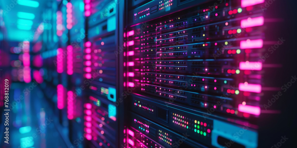 Poster a data center with rows of virtual machines, computer networking server room in office