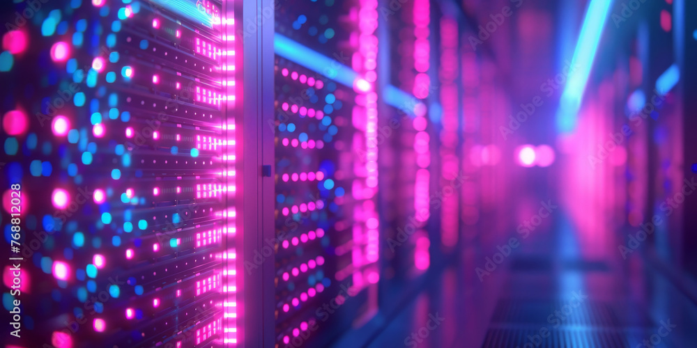 Poster a data center with rows of virtual machines, computer networking server room in office