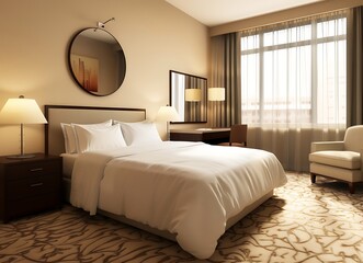 A hotel room with a beige and brown color scheme, a king size bed with a white comforter, sheet