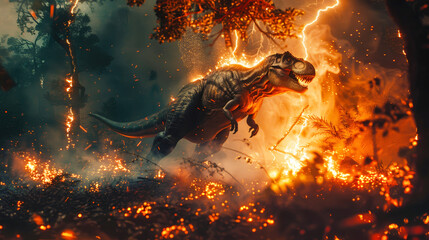 A dinosaur stands amidst flames, a scene depicting destruction in nature