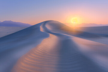 Fototapeta na wymiar Desert Landscape at Dusk: The Soft Curves of Sand Dunes and the Setting Sun Create a Beauty of Silence